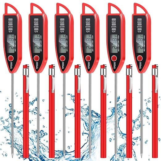 6 Set Waterproof Food Thermometer for Water, Liquid, Candle and Cooking Digital Meat Thermometer with Long Probe Instant Read for Kitchen BBQ Grill Candy (Red)