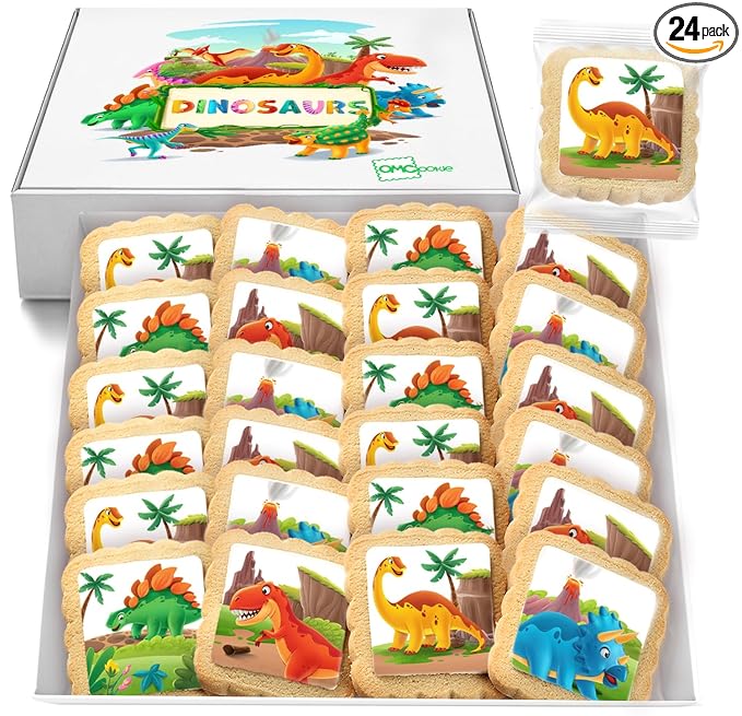 Dinosaur Cookies Individually Wrapped Dino Jurrasic themed Theme Party Favors 24 Pack Bulk for Kids Birthday Party Sugar Cookie T-Rex