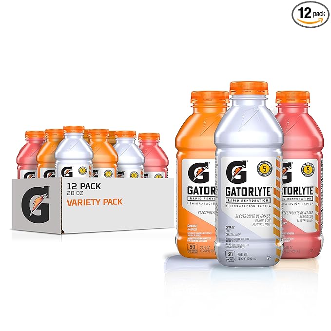 Gatorlyte Rapid Rehydration Electrolyte Drink, 3 Flavor Variety Pack, Specialized Blend of 5 Electrolytes, Lower Sugar, No Artificial Sweeteners, No Artificial Flavors, 20 fl oz Bottles (12 Pack)