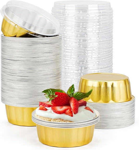 Beasea Disposable Ramekins with Lids, 8oz 100 Pack Golden Aluminum Foil Cups Disposable Creme Brulee Muffin Cupcake Baking Cup Mini Pudding Cups for Party Wedding Birthday