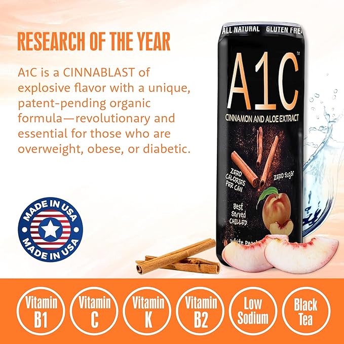 A1C Sugar-Free White Peach Flavored Iced Tea – Zero Calorie Drink with Aloe & Cinnamon Extracts, No Sodium, No Caffeine, Zero Sugar Iced Tea, Made in USA, Refreshing Canned Drink, 12 fl oz (24 Pack)