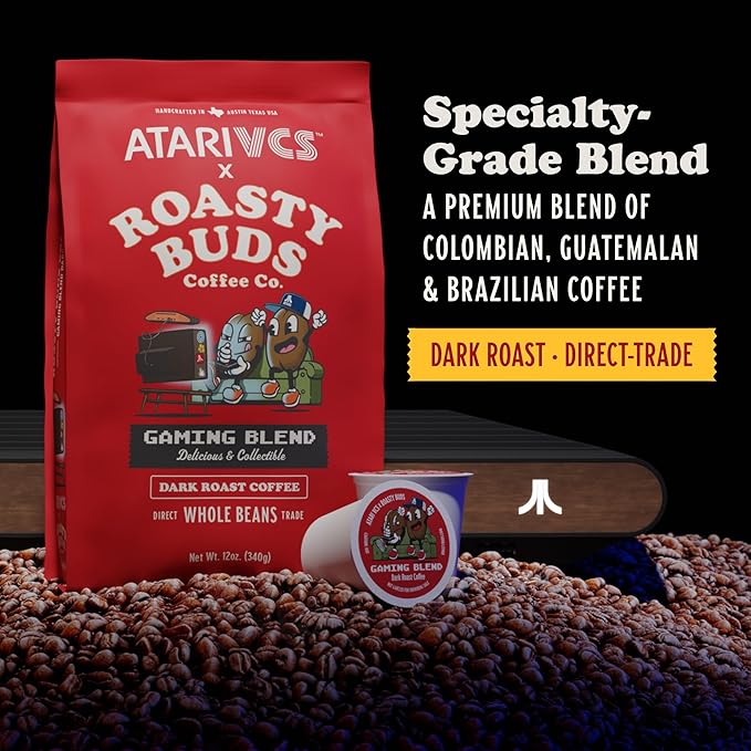 Atari VCS??Gaming Blend Dark Roast Whole Bean Coffee 12oz | Roasty Buds 100% Arabica Coffee From Colombia, Guatemala, Brazil | Gluten-Free, Non-GMO