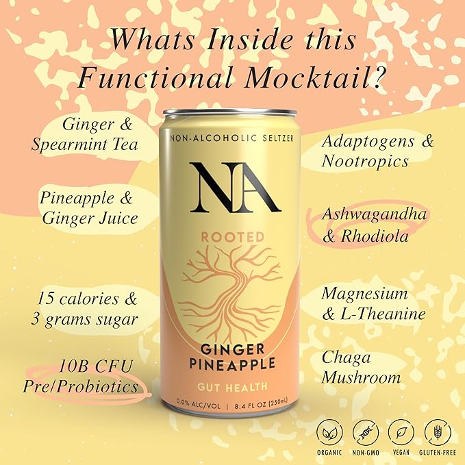 NA Non-Alcoholic Functional Adaptogen Drinks with Pre & Probiotic Blend | Ashwagandha, Mushrooms, Magnesium & L-Theanine | Low Sugar, Low Calorie Social Tonic, Ginger Pineapple, 8.4oz Cans (12 Pack)
