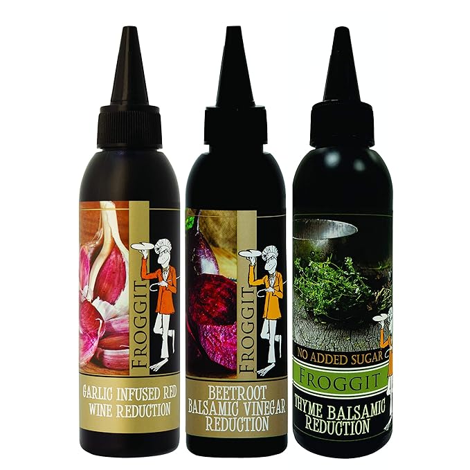 Froggit 3-Piece Variety Pack Garlic Infused Red Wine Vinegar, Beetroot Balsamic Vinegar Reduction, NO SUGAR ADDED Thyme Balsamic Vinegar Reduction, 150ml Non GMO