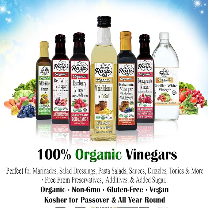 De La Rosa Organic White Balsamic Vinegar, Kosher for Passover, Vegan & Gluten-Free, Great for Salad Dressing, Marinades, Organic Balsamic Vinegar 16.9 Oz (Pack of 2)