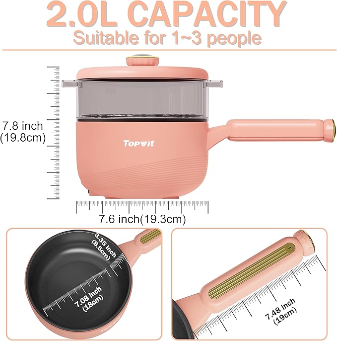 TOPWIT Hot Pot Electric with Steamer, ?윇?릩 Electric Pot, Non-Stick Portable Cooker, Portable Pot, Saut챕 Pan for Steak, Egg, Ramen, Soup with Dual Power Control (Silicone Spatula Included), Peach