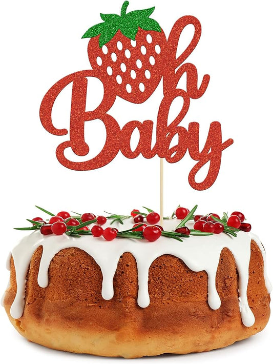 1Pc Strawberry Oh Baby Cake Topper Red Glitter Babyshower Strawberry Cake Pick Decoration for Sweet Fruit Theme Baby Shower Kids Birthday Party Supplies