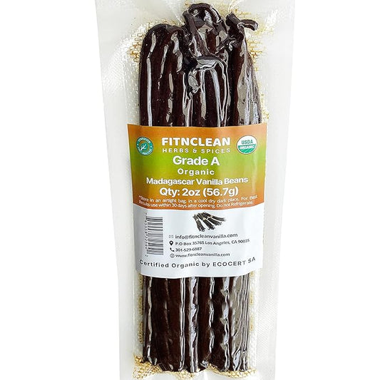 2oz Madagascar Organic Vanilla Beans Gourmet Grade A. Certified USDA Organic 6"-8" by FITNCLEAN VANILLA Bourbon Fresh for Extract, Essence, Brewing, Baking NON-GMO Whole Pods