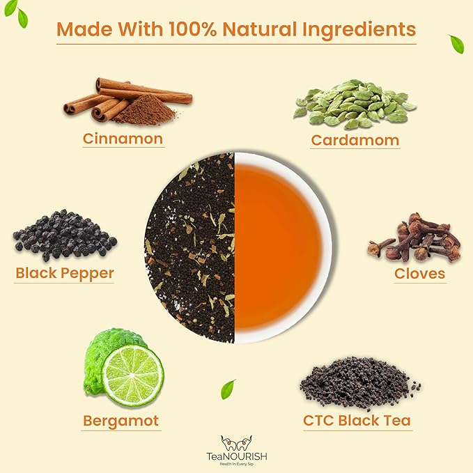 TeaNOURISH Earl Grey Masala Chai Tea | Spiced Citrus | Blend of Assam CTC, Cardamom, Cinnamon, Black Pepper, Clove, Natural Bergamot Extract | 100% NATURAL - 3.53oz/100g