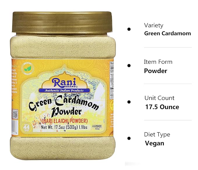 Rani Green Cardamom Pods Powder, Ground with Green Husks (Hari Elachi) 17.5oz (1.1lbs) 500g PET Jar ~ All Natural | Vegan | Gluten Friendly | NON-GMO | Kosher | Product of India