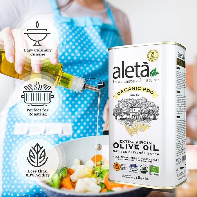 Aleta, USDA Organic Greek Extra Virgin Olive Oil, EU Certified Single Estate PDO Greece, 1 Lt (33.8 oz.) Tin, Kosher EK, Pack of 1