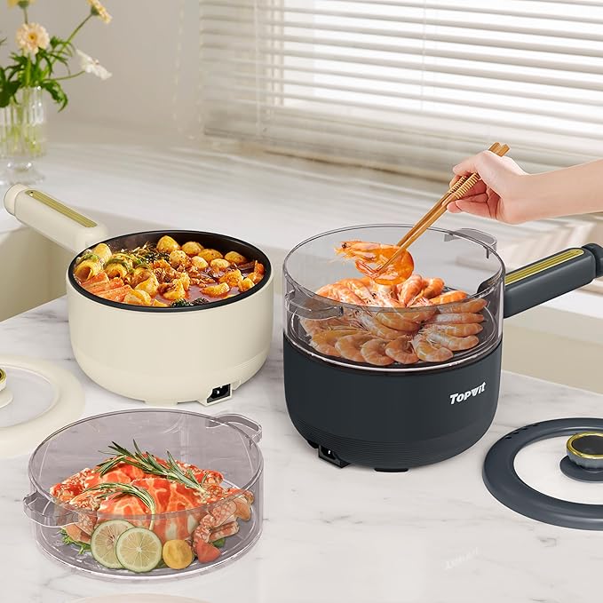 TOPWIT Hot Pot Electric with Steamer, 2L Multifunctional Electric Pot, Non-Stick Saut챕 Pan, Portable Pot for Steak, Fried Rice, Ramen, Soup with Dual Power Control (Silicone Spatula Included), Grey