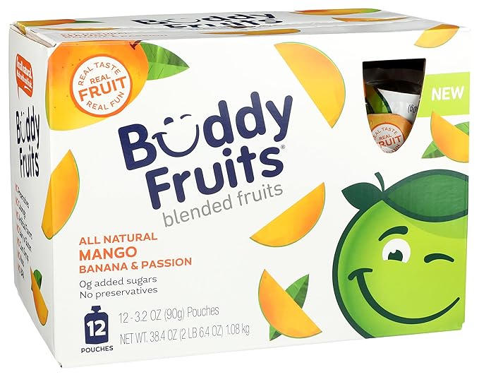 Buddy Fruits Pure Blended Fruit Snack To Go Apple, Mango, Banana and Passion Fruit Applesauce 3.2oz (Pack of 12) | 100% Real Fruit | No Sugar, Non GMO, Vegan, No Preservatives, Certified Kosher