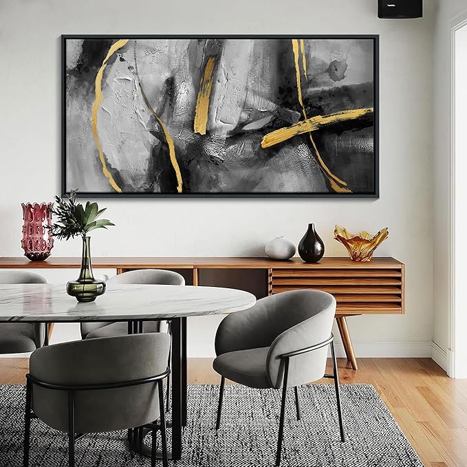 CHATYOUNG Abstract Large Canvas Wall Art for Living Room,Golden Line Canvas Prints, Hand-Painted Bedroom Wall Decor Black Gray Artwork for Home Cafe Kitchen Restaurant Decor, Framed, 29 x 58 In