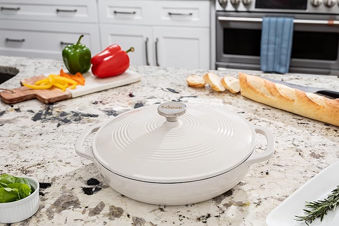 Lodge 3.6 Quart Enameled Cast Iron Oval Casserole With Lid??Dual Handles ??Oven Safe up to 500ì§?F or on Stovetop - Use to Marinate, Cook, Bake, Refrigerate and Serve ??Oyster White