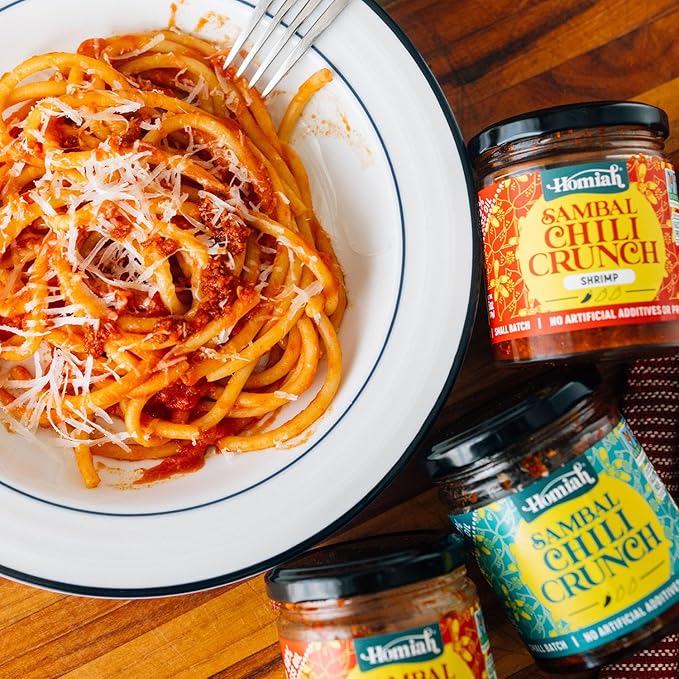 Homiah Sambal Chili Crunch, Shrimp, 6oz - Less Oil Low Sodium Gluten Free Non-GMO, Sambal Oelek Chili Paste, Shrimp Paste, Crispy Chili Crunch Topping ??Mild