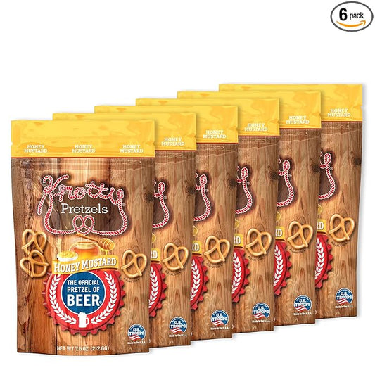 Knotty Pretzels - "The Official Pretzel of Beer" 7.5 Ounce Individual Seasoned Pretzel in Resealable Snack Bags - Honey Mustard (6 Pack)