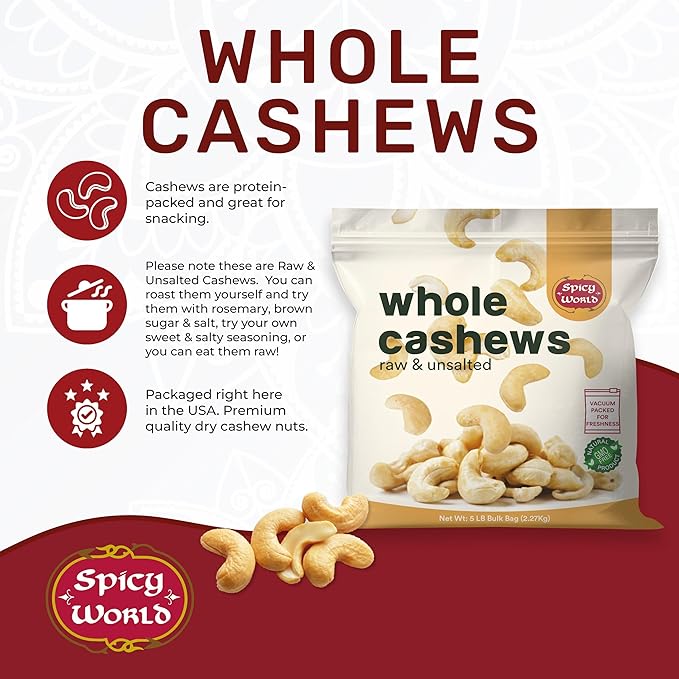 Spicy World Raw Cashews 5 LB (80oz) Bulk - Non-GMO, Gluten Free, Peanut Free, No Additives, Unsalted Natural & Pure Whole Cashews - Great for Pesto, Salads, Baking, Roasting & Cooking