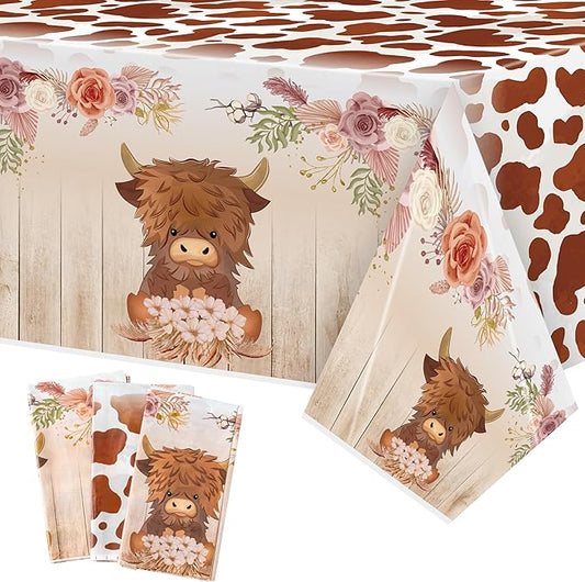 3Pcs Highland Cow Party Tablecloths, Brown Highland Cattle Birthday Table Cover, Brown Cow Print Themed Party Decorations Plastic Disposable Rectangular Table Cloth Decor for Kids Birthday Baby Shower