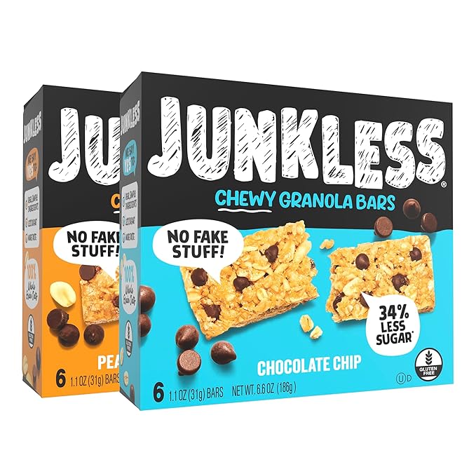 JUNKLESS Chewy Granola Bars Twin Pack ??Chocolate Chip & Peanut Butter Chocolate Chip (12 Bars)?밚ess Sugar, Non-GMO, Gluten-Free, Wholesome Snack Bars for Kids & Adults, 2 Boxes