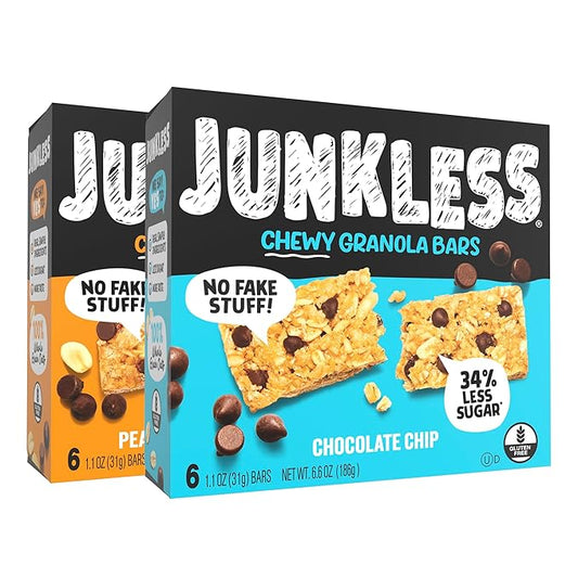 JUNKLESS Chewy Granola Bars Twin Pack ??Chocolate Chip & Peanut Butter Chocolate Chip (12 Bars)?밚ess Sugar, Non-GMO, Gluten-Free, Wholesome Snack Bars for Kids & Adults, 2 Boxes