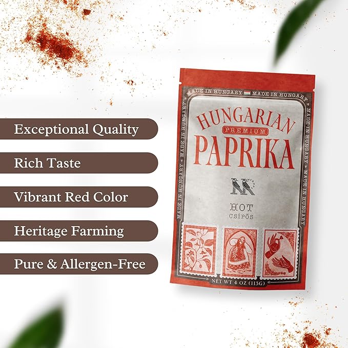 Premium HOT Hungarian Paprika Powder (4 oz) - Non-GMO - Vibrant Deep Red Color - Protected Designation of Origin (PDO): Szeged Region, Hungary - Authentic Seasoning Spice in Resealable Bag by MEROPS