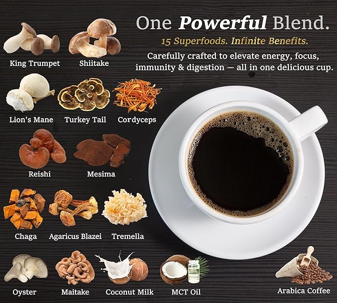DLNIA Organic Mushroom Coffee with 12 Adaptogenic Mushrooms, Arabica Beans, Coconut Milk & MCT Oil | Cordyceps, Lion?™s Mane & Turkey Tail Instant Coffee for Better Energy, Focus, Digestion, Immunity