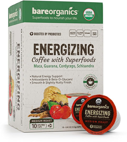 BareOrganics Energy Medium Roast Coffee, Organic, 10 K-Cup Pods, Superfoods & Probiotics Infused, Vegan, Gluten Free, 10 Single Serve Cups