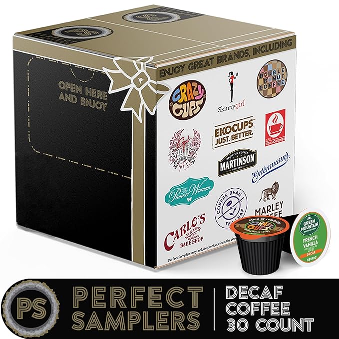 Flavored Decaf Coffee Pods Variety Pack Sampler, Assorted Single Serve Decaffeinated Coffee Capsules for Keurig K Cups Brewers, 30 Flavored Decaf Coffees - No Duplicates