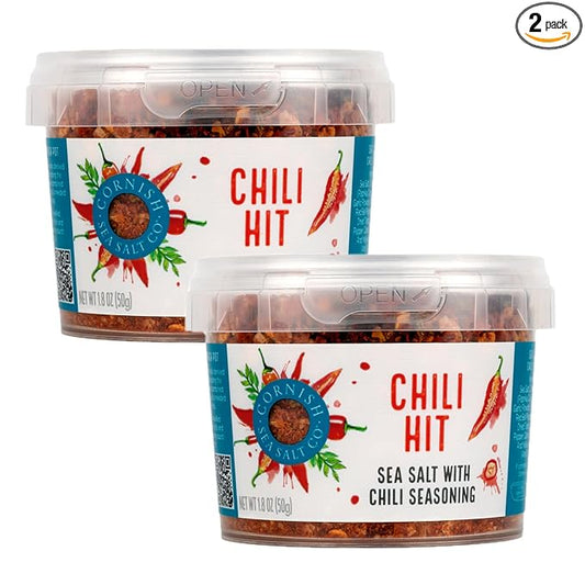 Cornish Sea Salt Chili Hit Seasoning | Cooking & Hydration | Hand-Harvested in Celtic Waters | 1.8 oz Resealable Tub (Pack of 2)