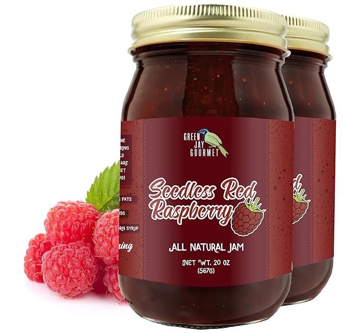 Green Jay Gourmet Seedless Raspberry Jam - All-Natural Fruit Jam with Red Raspberries & Lemon Juice - Vegan, Gluten-free Jam - Contains No Preservatives or Corn Syrup - Made in USA - 2 x 20 Ounces