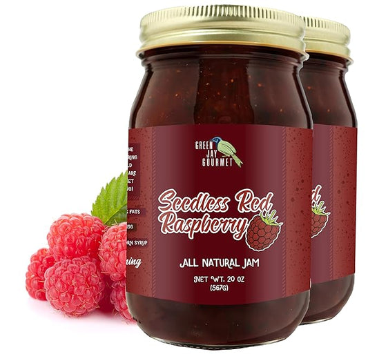 Green Jay Gourmet Seedless Raspberry Jam - All-Natural Fruit Jam with Red Raspberries & Lemon Juice - Vegan, Gluten-free Jam - Contains No Preservatives or Corn Syrup - Made in USA - 2 x 20 Ounces