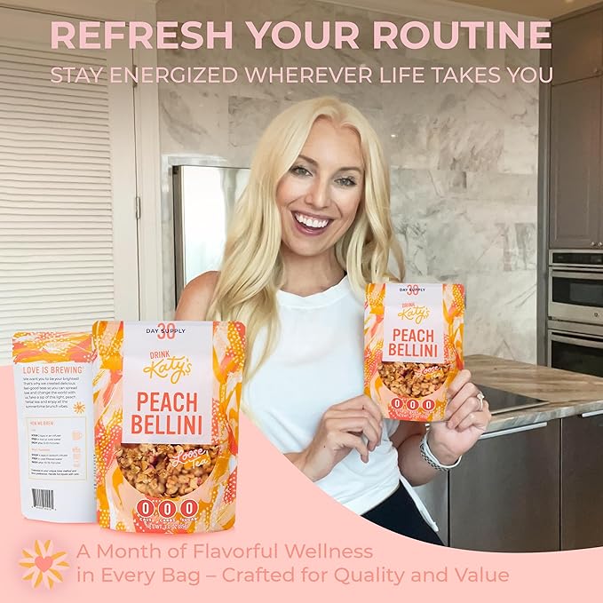 Katy?™s Peach Bellini Loose Leaf Tea | Fruity & Refreshing Light White Herbal Tea | Apple, Peach & Mango | Caffeine-Free Tea | 30+ Cups | Hot or Iced | Premium Quality, Woman-Owned | 2.75oz Pouch