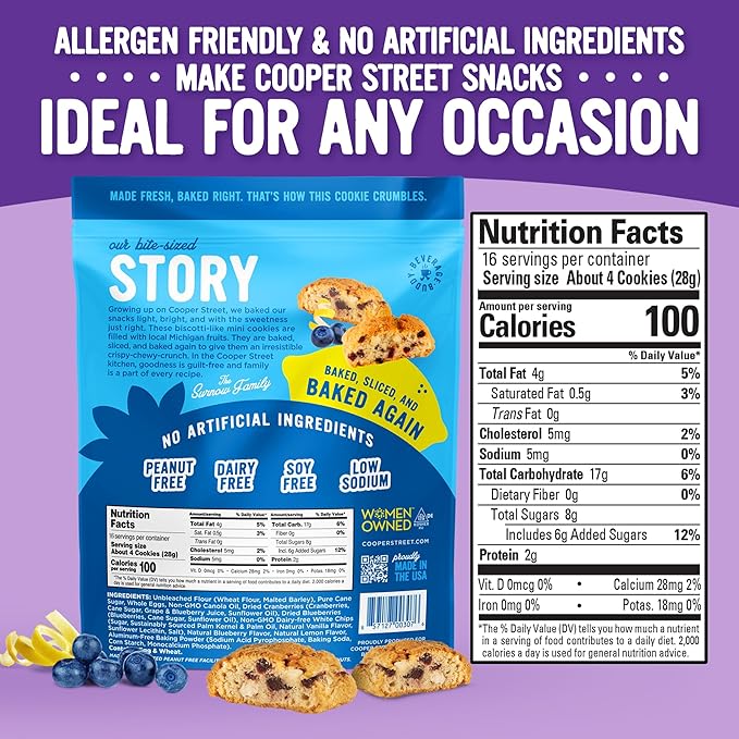 Cooper Street Twice-Baked Blueberry Lemon Biscotti Cookies (16 oz) ??Over 50 Biscotti per Bag Loaded with Real Fruit, Italian Style Snacks Ideal with Coffee or Tea - Dairy, Peanut & Soy Free, Kosher