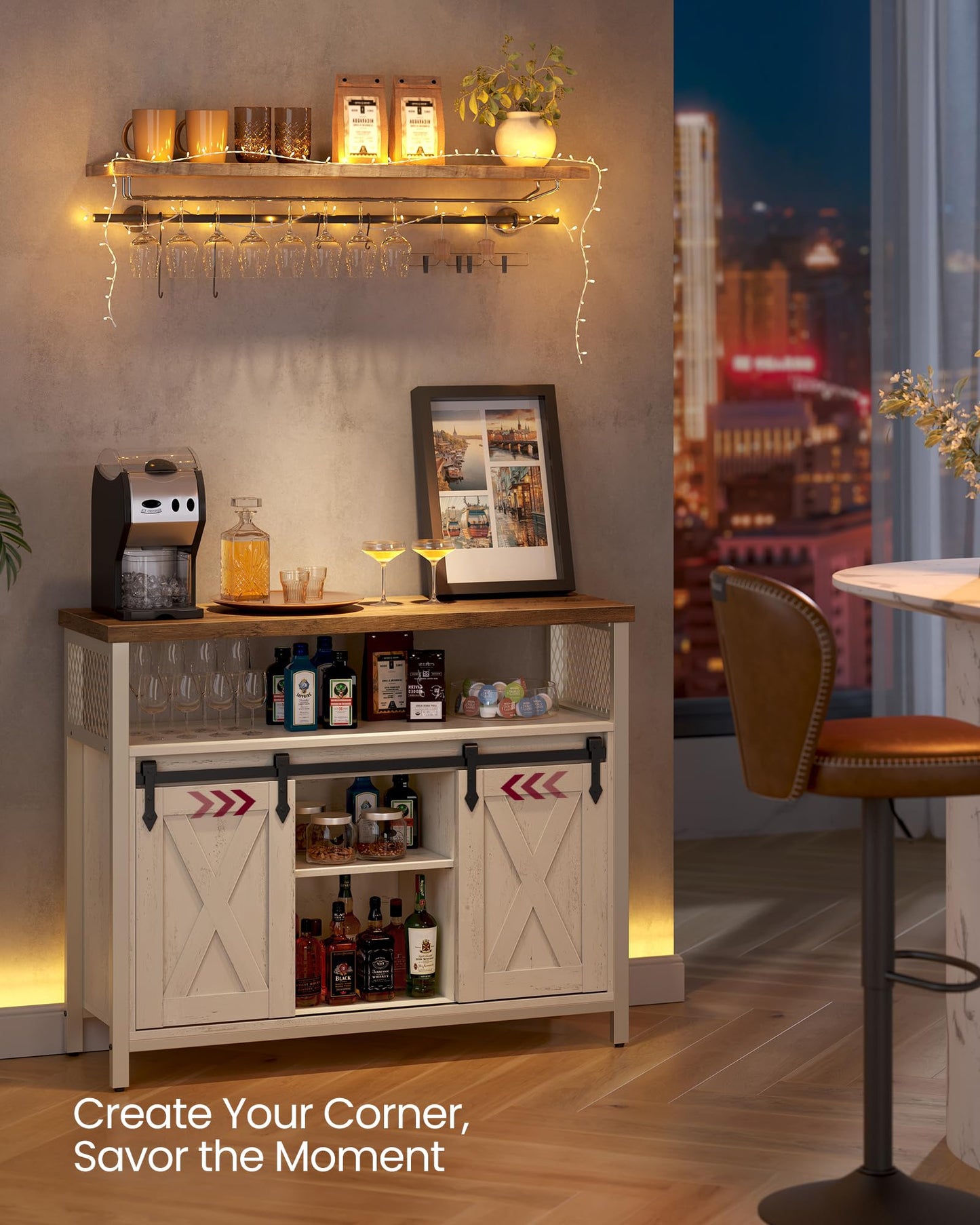 VASAGLE Buffet Cabinet, Coffee Bar Storage Cabinet, Sideboard with 2 Sliding Barn Doors, Adjustable