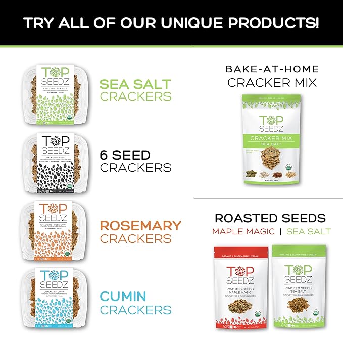Top Seedz Deluxe Organic Gluten Free Vegan Crackers and Roasted Seeds Bundle | 2 Pouches of Maple Magic Roasted Seeds | 2 Packs of Sea Salt Crackers | 2 Packs of 6-Seed