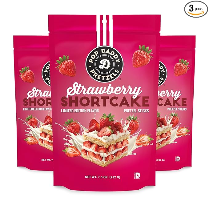 Pop Daddy Flavored Pretzels Sticks, Healthy Gourmet Pretzels Snacks, 7.5oz Individual Bags, 3 Pack, Strawberry Shortcake