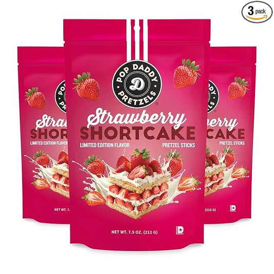 Pop Daddy Flavored Pretzels Sticks, Healthy Gourmet Pretzels Snacks, 7.5oz Individual Bags, 3 Pack, Strawberry Shortcake