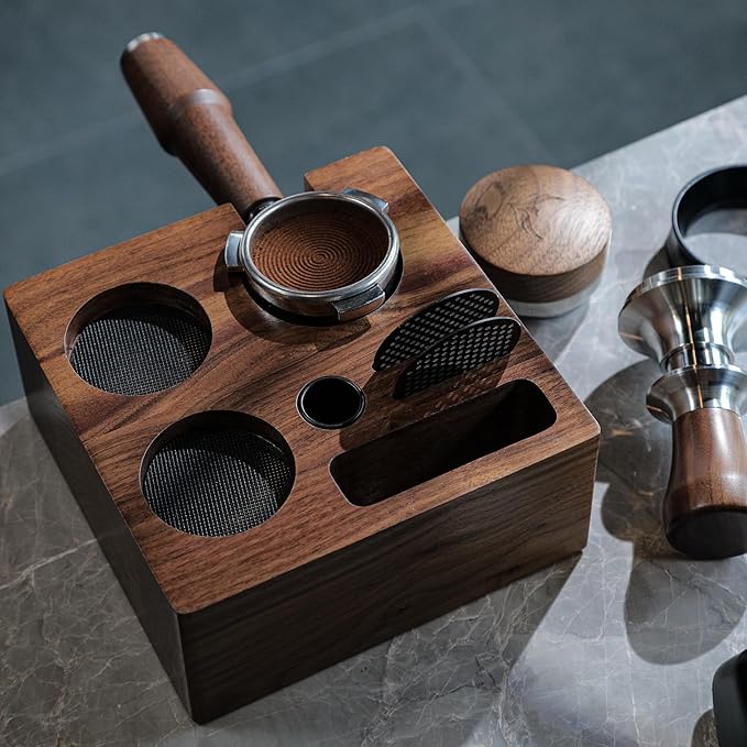 58mm Rocket Accessories Kit ??E61 Bottomless Portafilter, Espresso Tamper, Distributor, Tamping Station, Puck Screen & Funnel Premium Walnut Espresso Tools Barista Kit