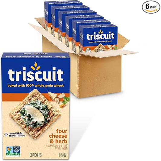 Triscuit Four Cheese & Herb Whole Grain Wheat Crackers, Lunch Snacks, Bulk Snack Crackers, 6 - 8.5 oz Boxes
