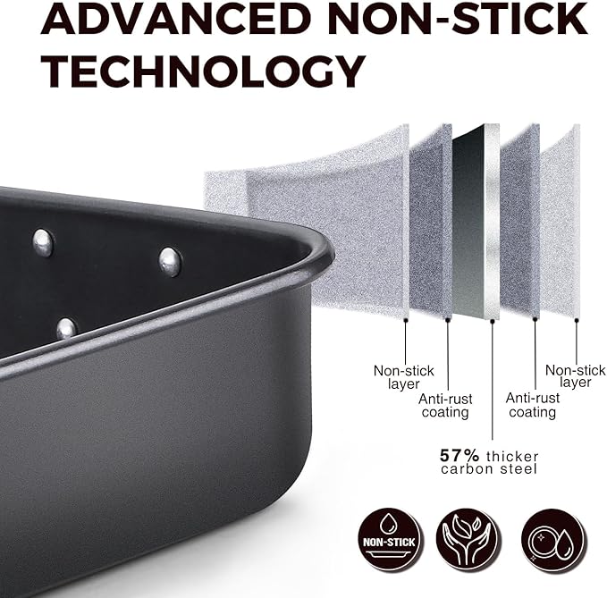 HONGBAKE Nonstick Lasagna Pan 3 Inch Deep, 9x13 Baking Pan, Rectangular Sheet Cake Pan, Roasting Pan for Oven with Stainless Steel Handles, Dishwarsher Safe, Dark Grey