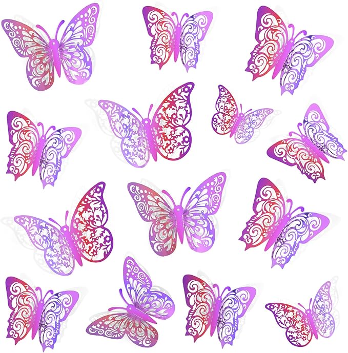 72 Pcs Butterfly Decorations, 3 Sizes 3 Styles Wall Decor, Party and Birthday Decorations, Laser Purple