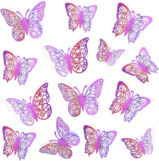 72 Pcs Butterfly Decorations, 3 Sizes 3 Styles Wall Decor, Party and Birthday Decorations, Laser Purple