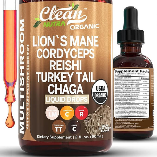 Organic Mushroom Supplement Liquid Drops with Lions Mane Turkey Tail Cordyceps Reishi Chaga Shitake