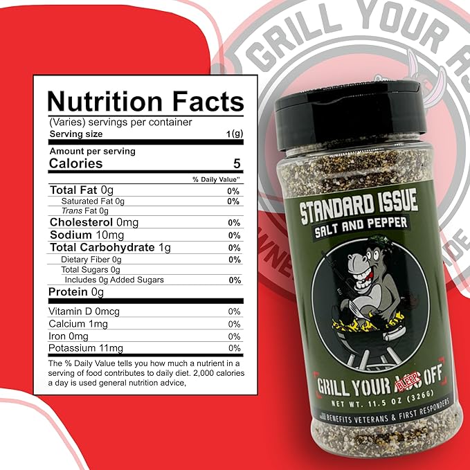 Standard Issue Salt & Pepper by Grill Your As Off - Premium Gourmet Black Pepper & Salt Great for Meat, Poultry, Seafood, Pasta, & Veggies - Use for Marinating - Veteran Owned - 11.5 Oz