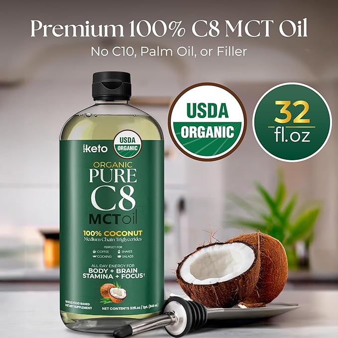 Keppi Keto Organic MCT Oil - Flavorless C8, Non-GMO, Certified Gluten-Free, Palm Oil Free, Vegan, Kosher, Halal, 32 oz Coconut Oil