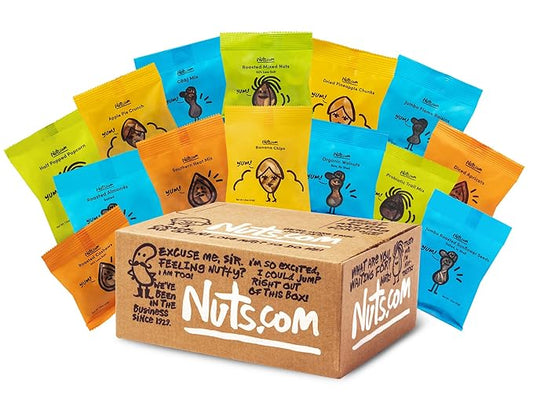 Nuts.com - Nuts and Dried Fruits Snack Box ??Gourmet Mix Assortment for Summer and Festive Gifts ??Package Includes Mixed Nuts, Dried Apricots & Fruits, Trail Mix, Heat Mix and Apple Pie Crunch