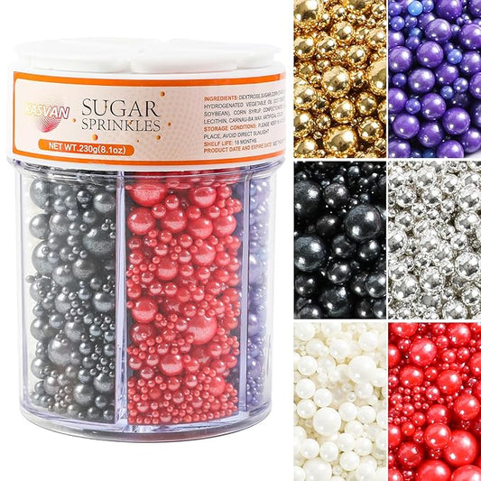 Kasvan Edible Pearl Sugar Sprinkles, 6 Colors Mix for Cake Decorating, Gold Silver White Black Purple and Red Sprinkles for Cakes & Cupcakes, Baking Cake Decorations, Wedding Party Chirstmas Supplies (Mixed)