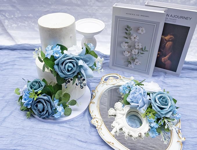 Marriwise 3Pcs Pre-made Cake Toppers Flowers, Light Blue Wedding Cake Decoration, Artificial Flowers Decor for Wedding Ceremony Anniversary, Birthday Party, Outdoor (Light Blue)