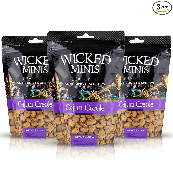 Wicked Minis Soup & Oyster Crackers - Saltine & Salted Flavored Mini Puffed Soup, Savory Snacking Mix, Seasoned Croutons Salad Toppers, Crackers for Chili 6oz (Cajun Creole, Pack of 3)